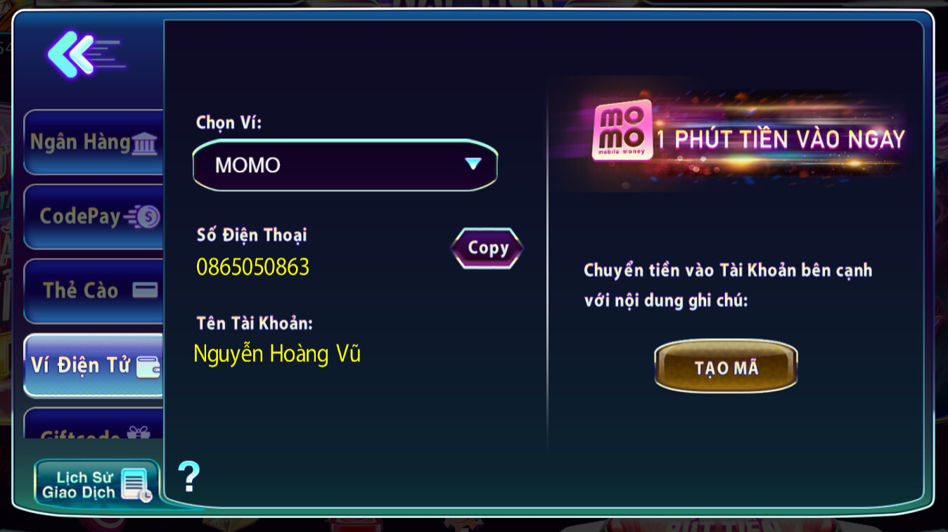 nap tien 789club 5 Hướng dẫn nạp tiền tại 789Club qua ví điện tử Momo